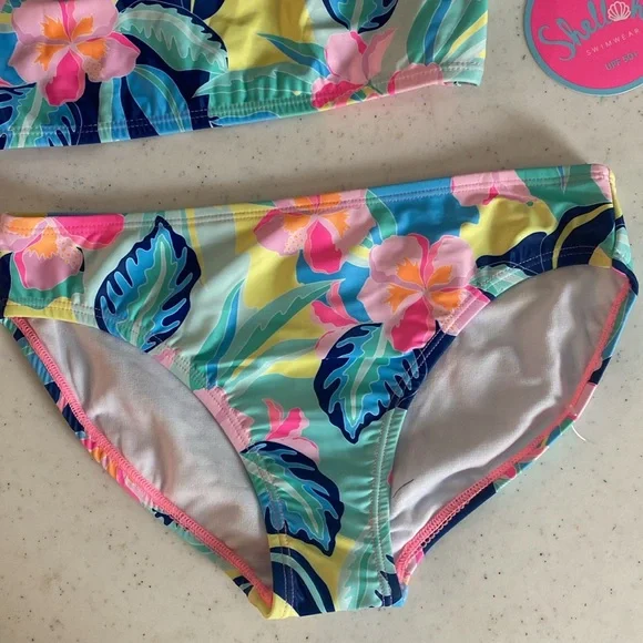 Shelloha Swimwear Girls 2-piece Swim Suit Ruffle Bright Tropical Floral UPF50+ - Picture 3 of 4